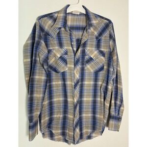 Vintage Western Fashions‎ Plaid Pearl Snap Shirt Blue Metallic Tinsel Cowboy L